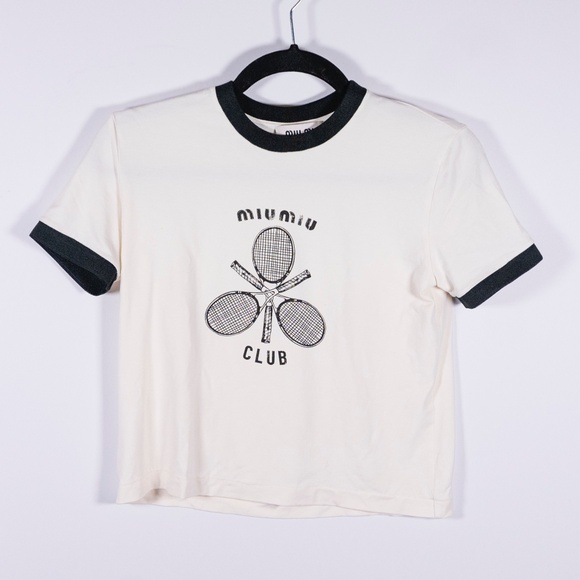 Miu Miu Jersey Knit Stretch Tennis Racquet Pickleball Club Graphic Tee Shirt Top - Picture 1 of 3